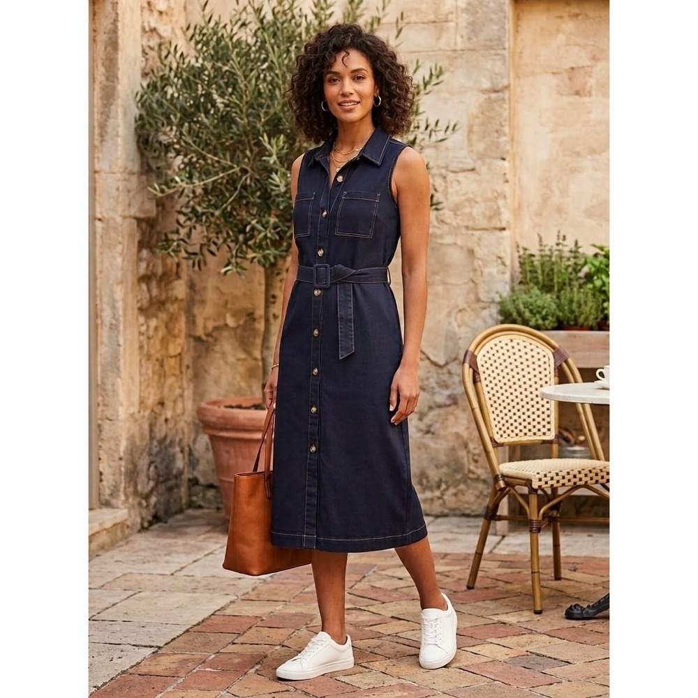 Sleeveless Belted Vince Camuto Navy Denim Shirt Dress Size S Small